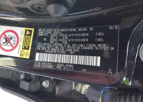 2015 Toyota Highlander Xle V6 z USA, uszkodzony, nr VIN 5TDJKRFH9FS152669